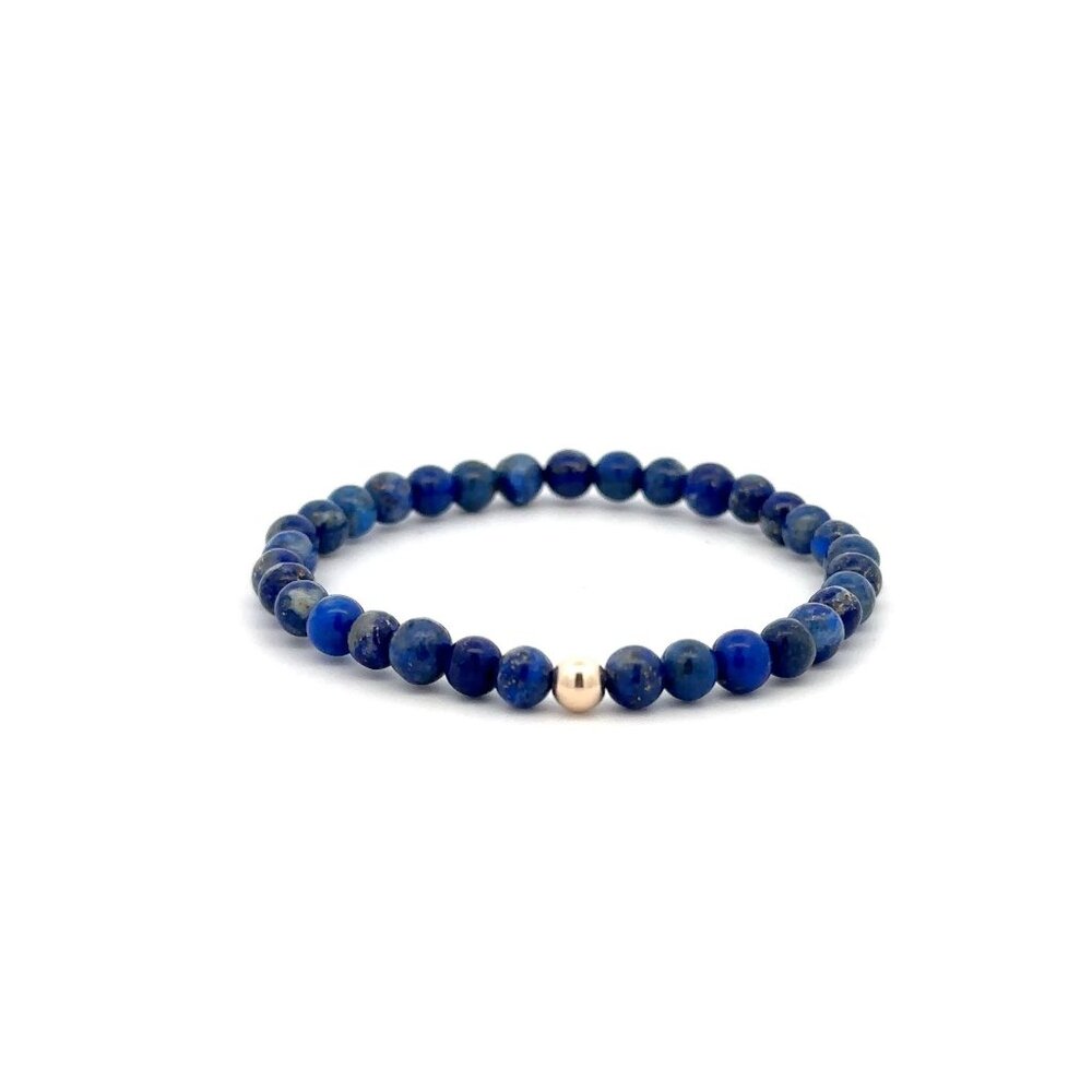 Lapis Lazuli Gemstone Beaded Stretch Bracelet with 14K Gold Accent Bead Handmade